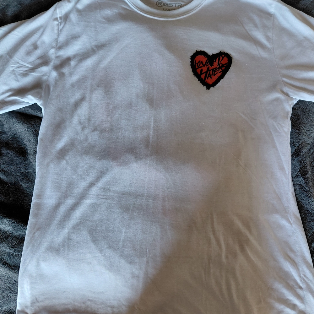 White Tee with Red Heart Patch